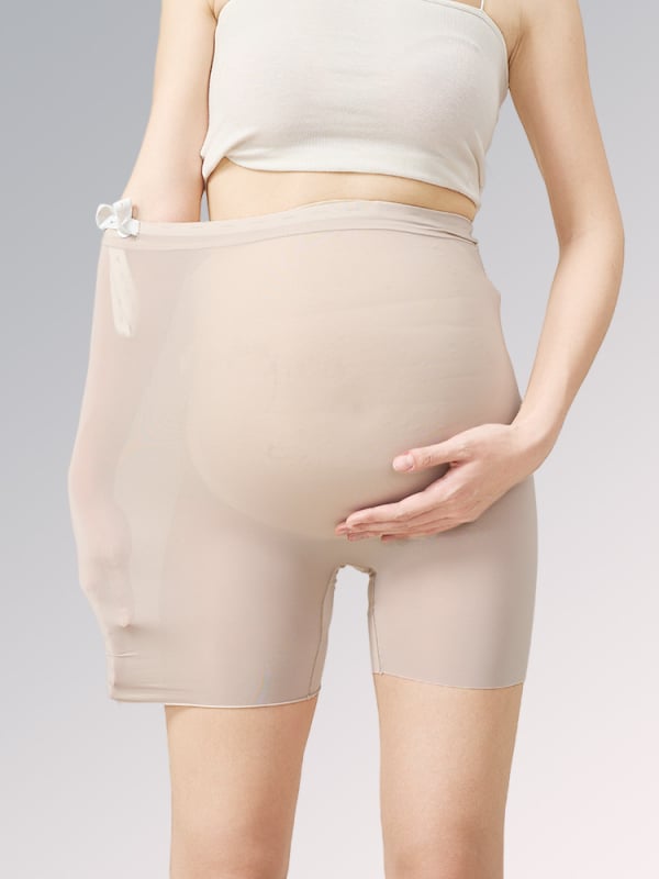 Shorts de siguranță pentru maternitate cu panou invizibil, material ice silk, lungime 3/4, croială strânsă, amestec nylon-spandex