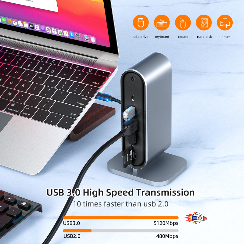 12-σε-1 USB-C σταθμός σύνδεσης με Thunderbolt 3, 4K60Hz διπλή οθόνη, σώμα από κράμα αλουμινίου, OEM παραμετροποίηση