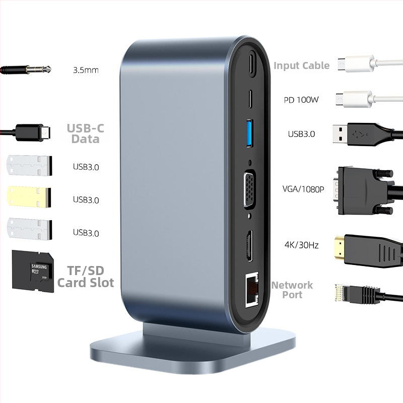 Dokovacia stanica 12 v 1 USB-C s Thunderbolt 3, duálny displej 4K60Hz, telo z hliníkovej zliatiny, OEM prispôsobenie