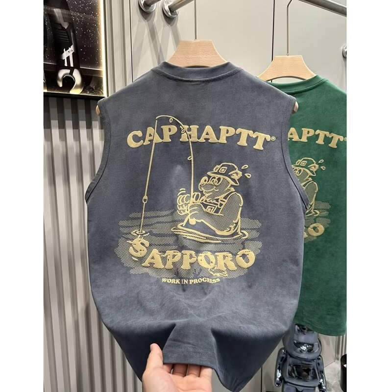 Ανδρικό φαρδύ βαμβακερό χωρίς μανίκια τοπ για καλοκαίρι – χαλαρή καθημερινή αθλητική φανέλα
