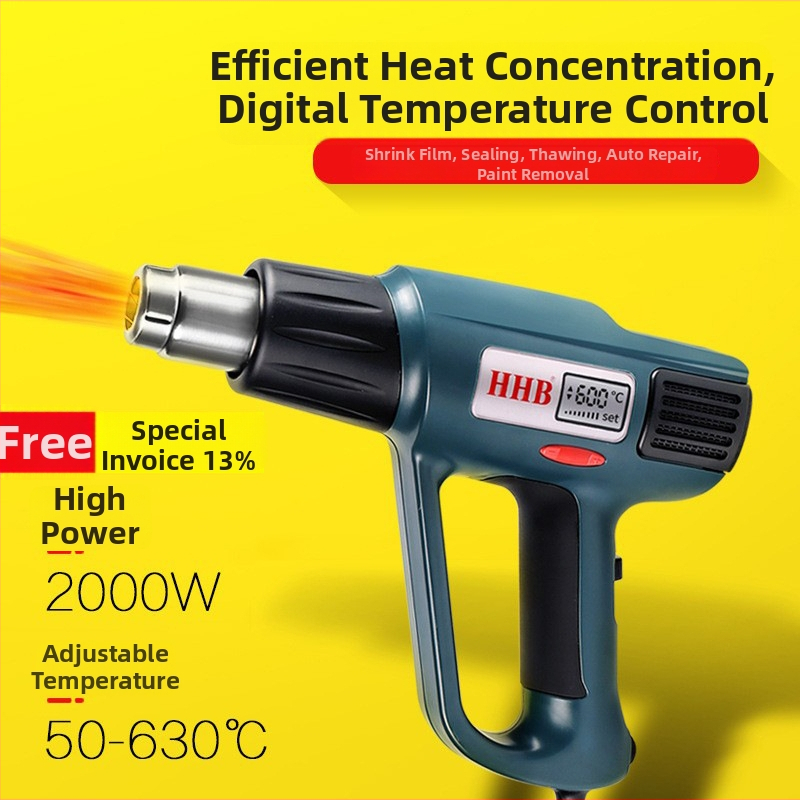 Teplovzdušná pištoľ HHB-630 s digitálnym displejom, 2000 W, nastaviteľná teplota, priemyselná kvalita, na laminovanie fólií a zmršťovaciu fóliu