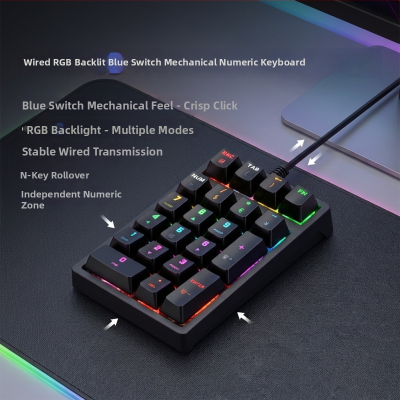 K21 21-klávesová káblová numerická klávesnica s RGB podsvietením a modrými mechanickými spínačmi