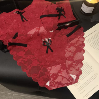 Κόκκινο γυναικείο εσώρουχο από δαντέλα με χαμηλή μέση, διασταυρούμενο σχέδιο δαντέλας, σέξι για νύφη, χωρίς ραφές