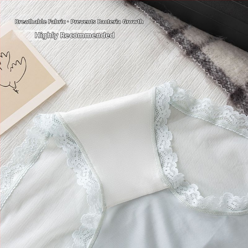 Dámske nohavičky vo francúzskom štýle s čipkou, saténová čipka ľadového hodvábu, antibakteriálna spodná bielizeň so stredne vysokým pásom v rozkroku
