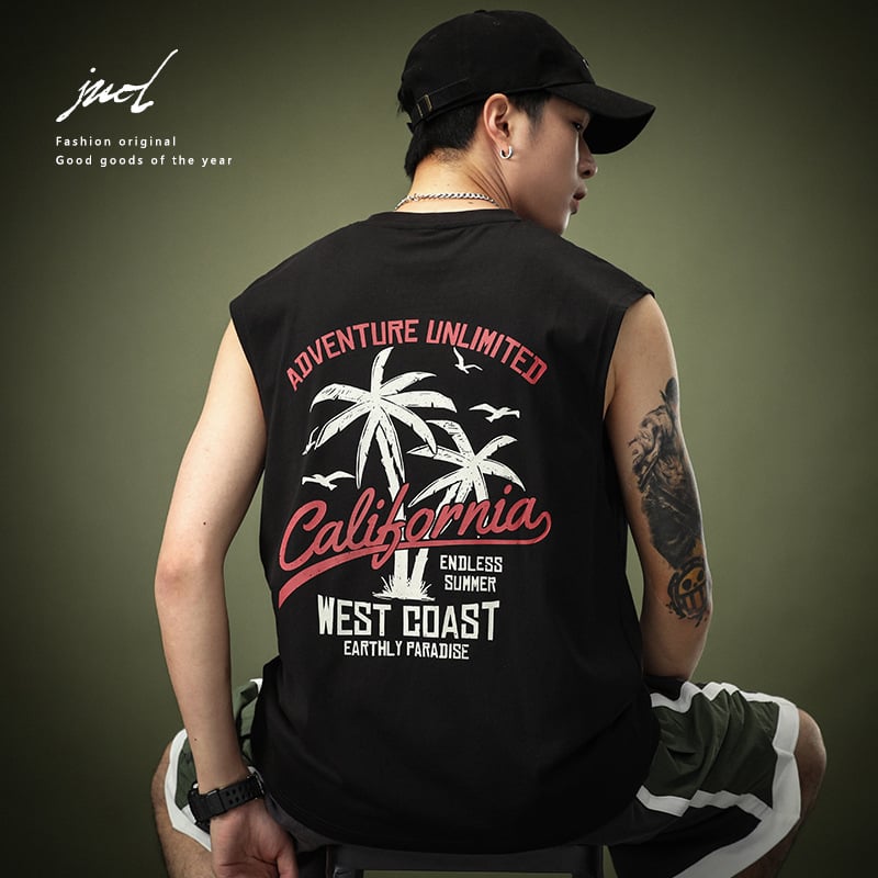 Ανδρικό βαμβακερό αμάνικο T‑shirt-vest, 230 g, χαλαρή εφαρμογή, χακί χρώμα, καλοκαιρινό