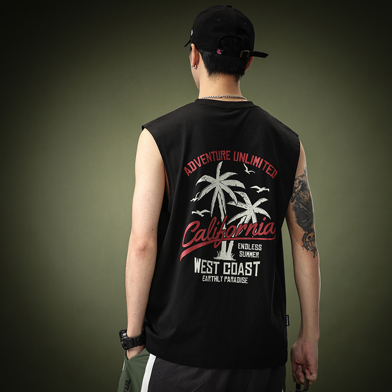 Ανδρικό βαμβακερό αμάνικο T‑shirt-vest, 230 g, χαλαρή εφαρμογή, χακί χρώμα, καλοκαιρινό