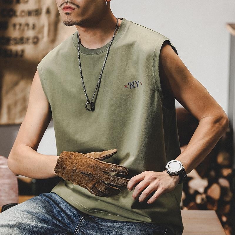 Ανδρικό βαμβακερό αμάνικο T‑shirt-vest, 230 g, χαλαρή εφαρμογή, χακί χρώμα, καλοκαιρινό