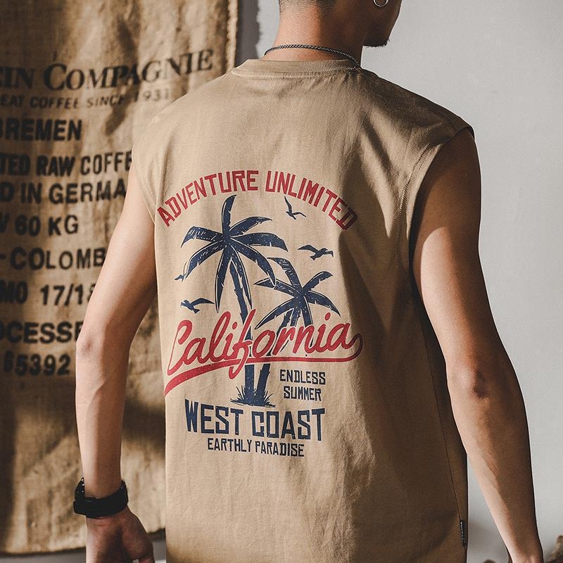 Ανδρικό βαμβακερό αμάνικο T‑shirt-vest, 230 g, χαλαρή εφαρμογή, χακί χρώμα, καλοκαιρινό