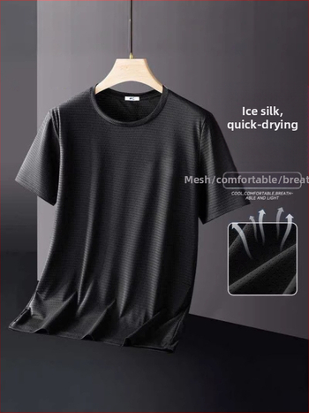 Νέο T‑shirt σε Hong Kong στυλ με πλέγμα Ice Silk, γρήγορο στέγνωμα, κοντό μανίκι για άνδρες, αναπνεύσιμη, με στρογγυλό λαιμό για το καλοκαίρι