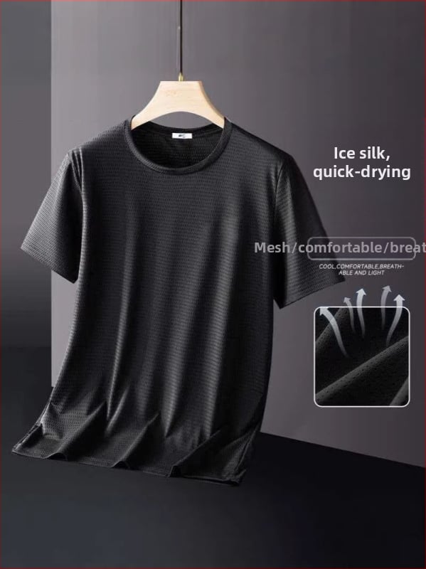 Νέο T‑shirt σε Hong Kong στυλ με πλέγμα Ice Silk, γρήγορο στέγνωμα, κοντό μανίκι για άνδρες, αναπνεύσιμη, με στρογγυλό λαιμό για το καλοκαίρι