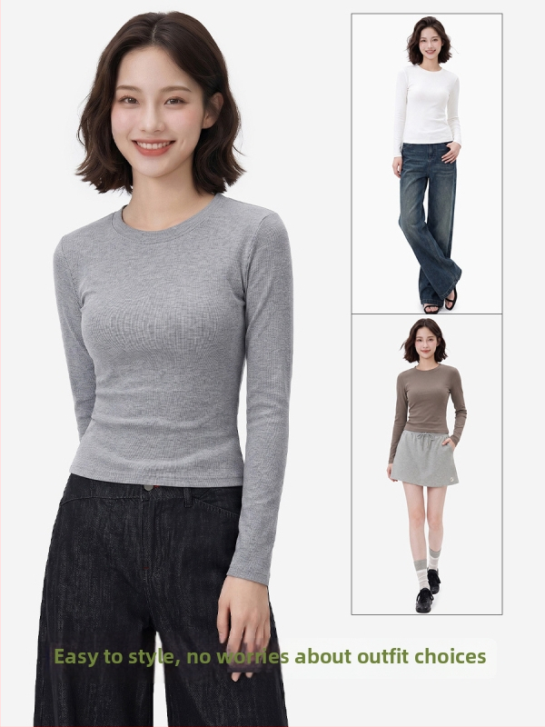 Dámske ležérne tričko s dlhým rukávom v japonskom štýle, jednofarebné, okrúhly výstrih, zvýrazňujúci pás, slim fit, jesenná klasika