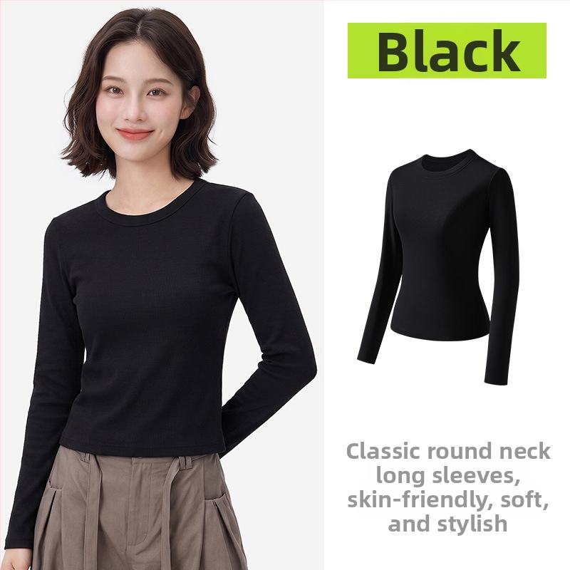 Γυναικεία μακρυμάνικη T‑shirt με ιαπωνικό casual στυλ, μονόχρωμη, στρογγυλός λαιμός, εφαρμοστή γραμμή, slim fit, φθινοπωρινό κλασικό