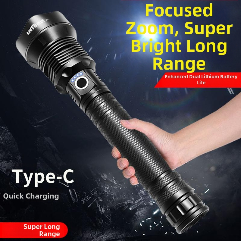 Štvorjadrové, vysokovýkonné, ultra jasné svietidlo so zoomom a predĺženým dosahom, nabíjateľné dvoma batériami pre vonkajšie osvetlenie na dlhé vzdialenosti