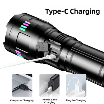 50W alumíniumötvözetes lámpa fehér lézerrel, zoom, 500 m hatótáv, USB töltés, 4800mAh akkumulátor, power bank funkció, 360° forgó fej