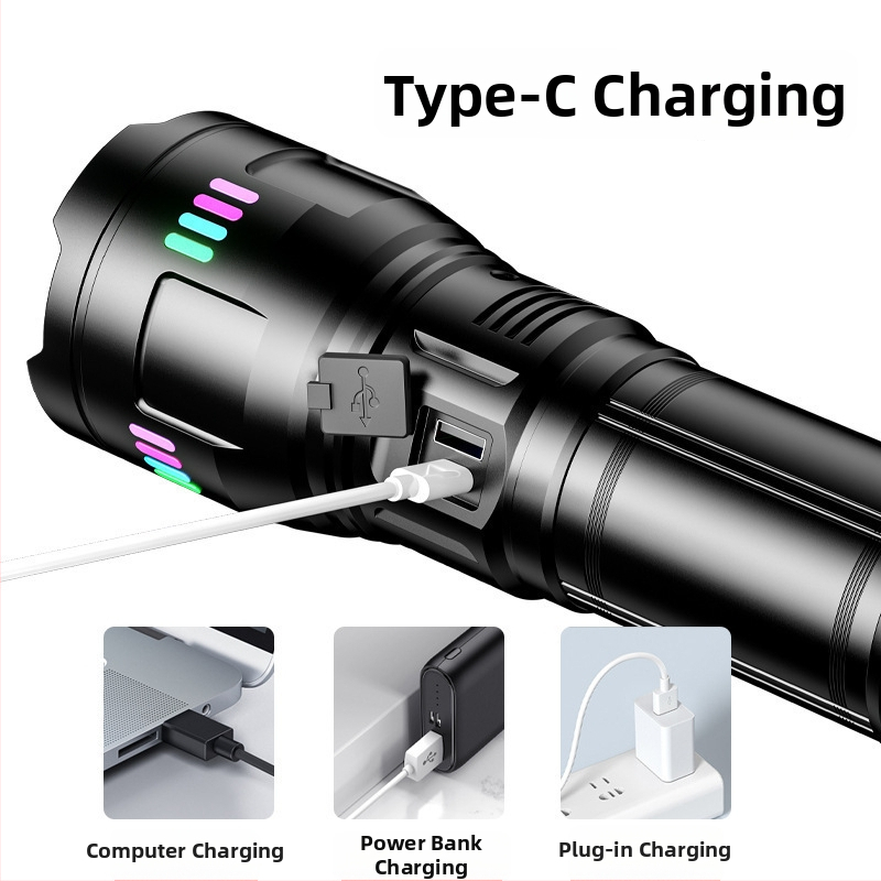 50W baterka z hliníkovej zliatiny s bielym laserom, zoom, dosah 500 m, nabíjanie cez USB, 4800 mAh, powerbanka, otočná hlava o 360°, multifunkčná
