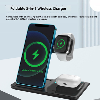Három az egyben vezeték nélküli töltő hajtogatható tartóval, 15W gyorstöltés, Apple Watch, Huawei Watch, iPhone és Android telefonokhoz