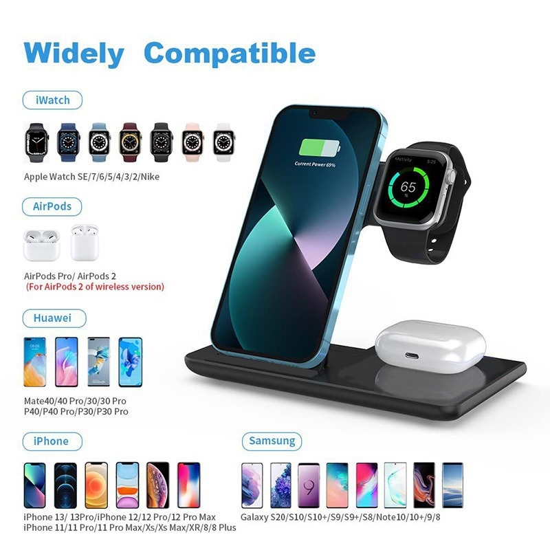 Három az egyben vezeték nélküli töltő hajtogatható tartóval, 15W gyorstöltés, Apple Watch, Huawei Watch, iPhone és Android telefonokhoz