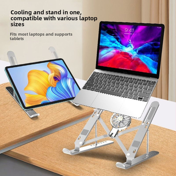Alumíniumötvözetes laptopállvány asztali használatra, állítható magasság és dőlésszög, hőelvezetés, összecsukható és tárolható.