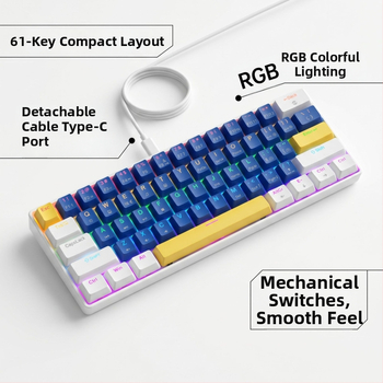 K61 61‑gombos mechanikus billentyűzet kék, piros, barna és fekete kapcsolókkal, leválasztható Type-C kábel, RGB világítás, játékhoz