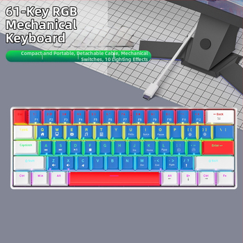K61 61‑gombos mechanikus billentyűzet kék, piros, barna és fekete kapcsolókkal, leválasztható Type-C kábel, RGB világítás, játékhoz