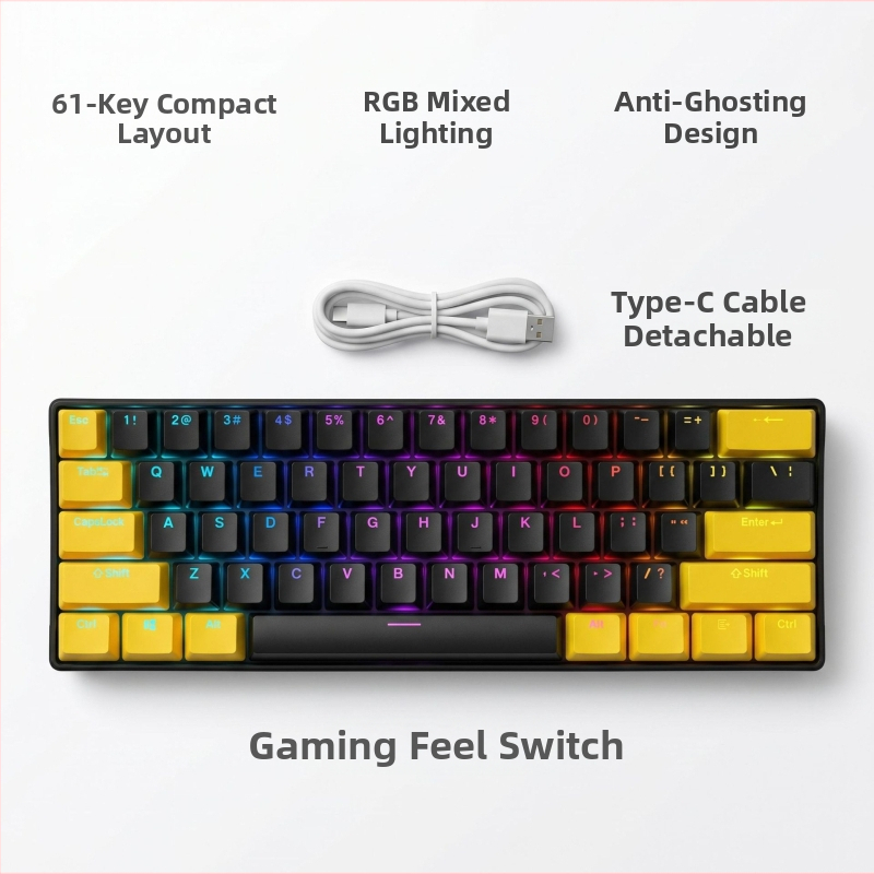 K61 61‑gombos mechanikus billentyűzet kék, piros, barna és fekete kapcsolókkal, leválasztható Type-C kábel, RGB világítás, játékhoz