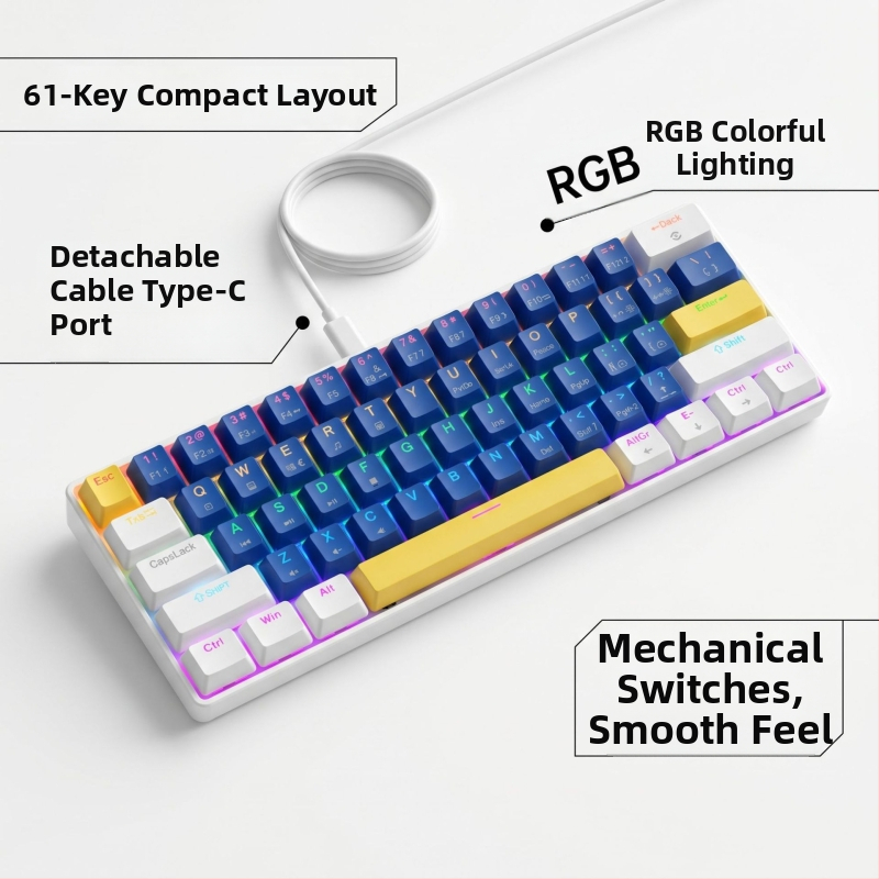 Mechanická klávesnica K61 s 61 klávesmi, modrými, červenými, hnedými a čiernymi spínačmi, odnímateľným káblom typu C, RGB osvetlením, herná klávesnica