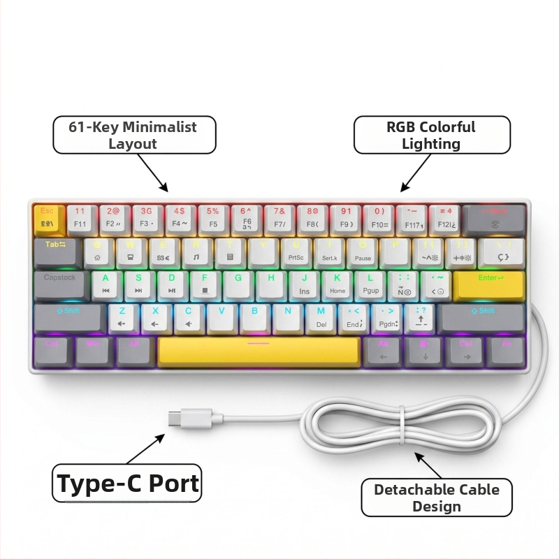 Mechanická klávesnica K61 s 61 klávesmi, modrými, červenými, hnedými a čiernymi spínačmi, odnímateľným káblom typu C, RGB osvetlením, herná klávesnica