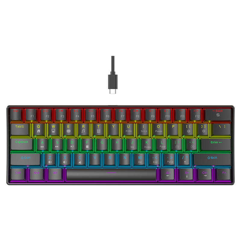 K61 61‑gombos mechanikus billentyűzet kék, piros, barna és fekete kapcsolókkal, leválasztható Type-C kábel, RGB világítás, játékhoz