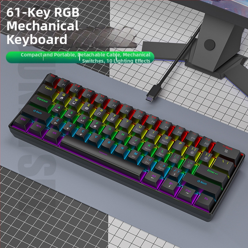 K61 61‑gombos mechanikus billentyűzet kék, piros, barna és fekete kapcsolókkal, leválasztható Type-C kábel, RGB világítás, játékhoz