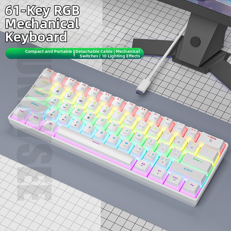 K61 61‑gombos mechanikus billentyűzet kék, piros, barna és fekete kapcsolókkal, leválasztható Type-C kábel, RGB világítás, játékhoz