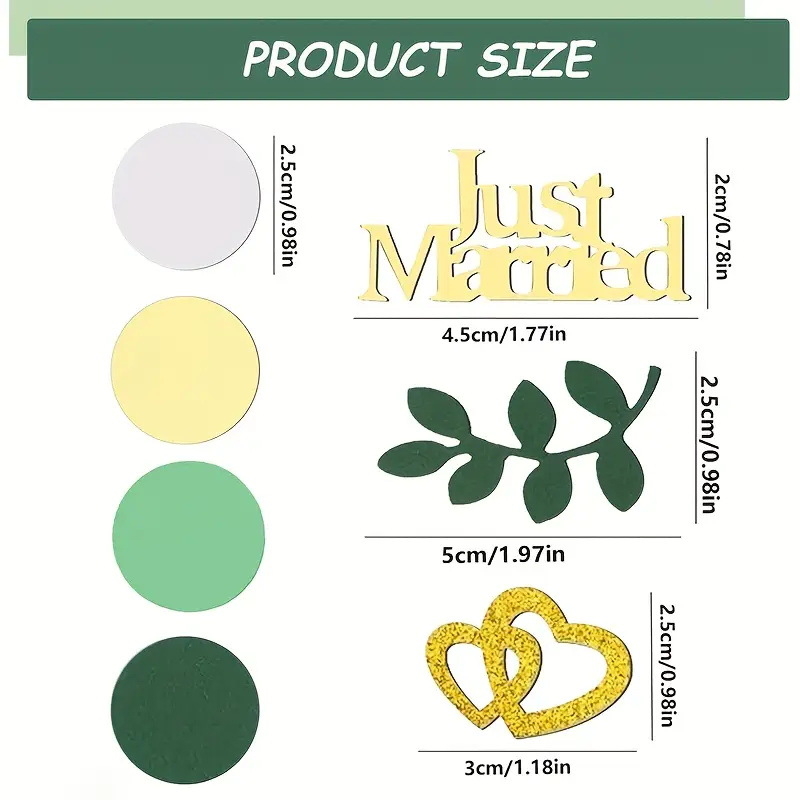Színes esküvői konfetti szív- és levél alakú korongokkal – Just Married