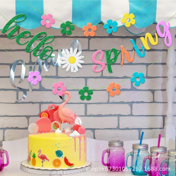 Színes csillogó tavaszi virágbanner, kis virág-girlandával – Hello Spring
