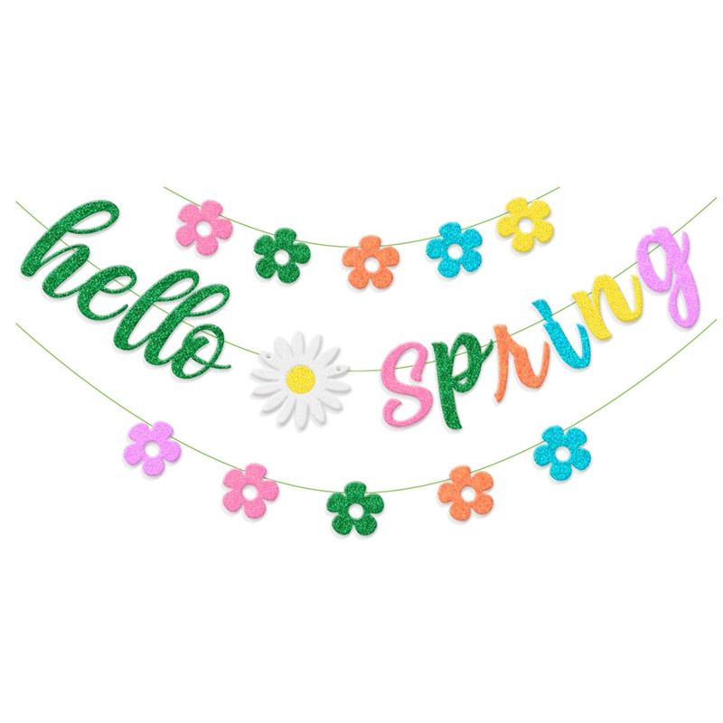 Színes csillogó tavaszi virágbanner, kis virág-girlandával – Hello Spring