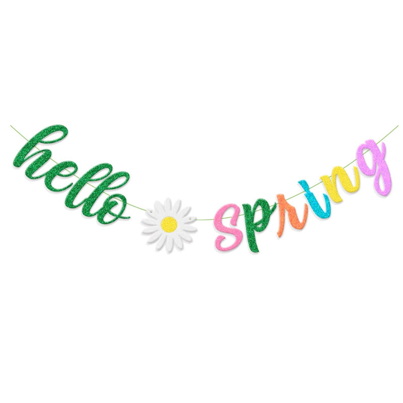 Színes csillogó tavaszi virágbanner, kis virág-girlandával – Hello Spring