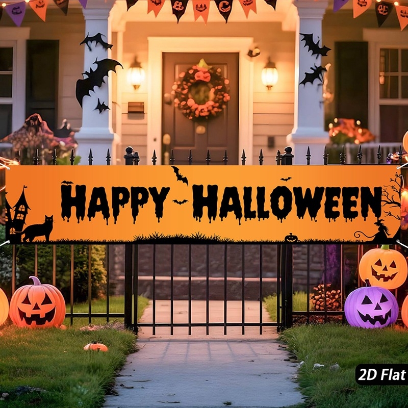 Halloween party banner fekete macska kastély mintával udvar dekorációhoz