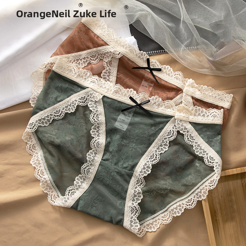 Orange Inside Lenjerie intimă pentru femei cu talie medie, dantelă jacquard, fără cusături, model floral, stil japonez, croi înalt