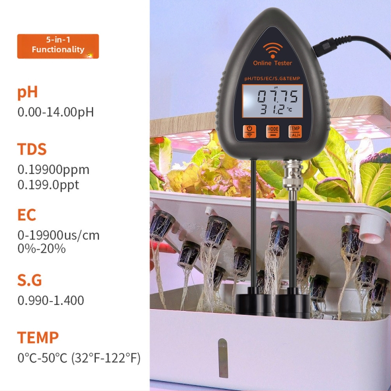 5-az-1-ben WiFi és Bluetooth vízminőség-monitor pH, TDS, EC, SG és hőmérséklet