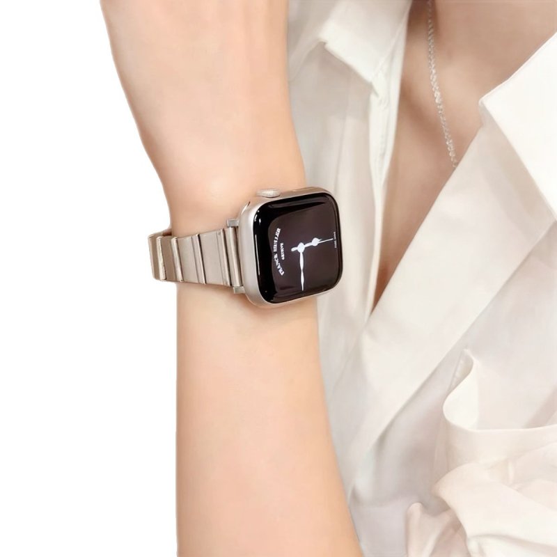 Apple Watch 11-hez bambusz lánc stílusú rozsdamentes acél szíj, pillangócsattal, hossz 16 cm, csatlakozó szélesség 14 mm
