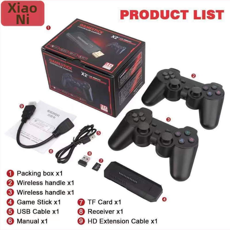 X2 nosztalgikus otthoni játékkonzol 64GB memóriával, vezeték nélküli kontrollerek, hűtőnyílások, HDMI 1080p, 3D klasszikus játékok