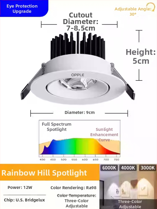 Opple COB Rainbow LED spotlámpa, teljes spektrum, tükröződésmentes, falmosó világítás, mennyezeti beépítés, 7.5 cm nyílás