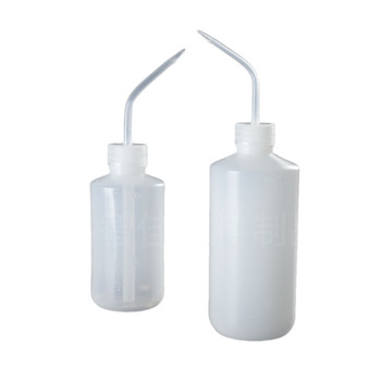 Laboratóriumi műanyag hajlított szájú mosópalack, fehér, 250 ml/500 ml, mérőskálával