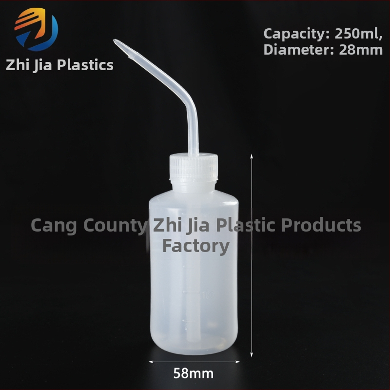 Laboratóriumi műanyag hajlított szájú mosópalack, fehér, 250 ml/500 ml, mérőskálával