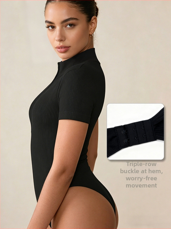 Nyári bordázott ribknit body nőknek – rövid ujjú, gumis cipzárral – alapréteg, külső ruházat