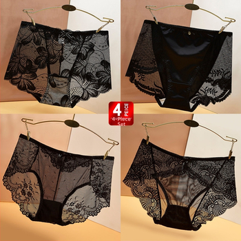 4 darabos csipés hálószövött áttetsző női alsónemű, seamless, sportos stílus, vékony anyag, Plusz méret, középmagas derekú, fekete