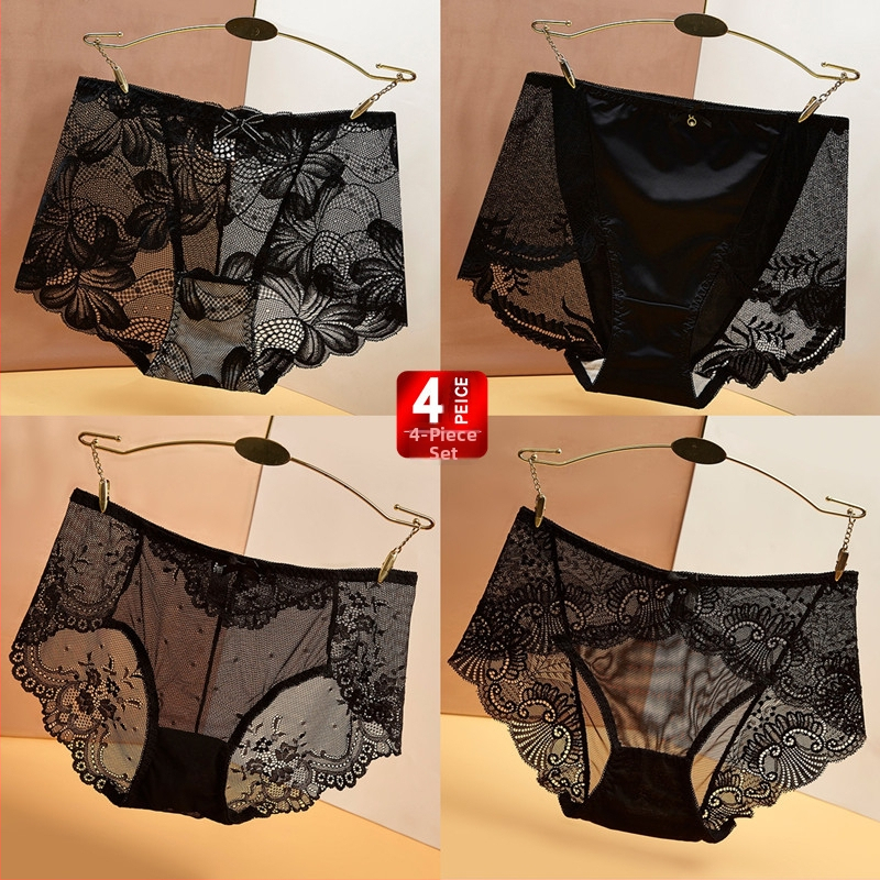 4 darabos csipés hálószövött áttetsző női alsónemű, seamless, sportos stílus, vékony anyag, Plusz méret, középmagas derekú, fekete