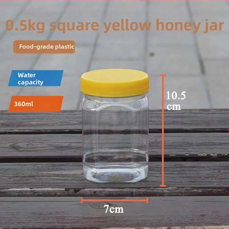Plastové fľaše na med so širokým hrdlom, štvorcové a okrúhle, s objemom 360 ml, s vnútornými uzávermi
