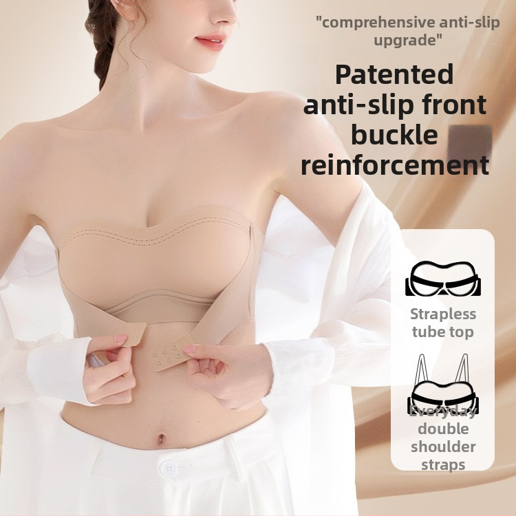Dámska podprsenka bandeau bez ramienok, protišmyková, push-up, neviditeľná, bezšvová, vyhladzuje chrbát, zabaluje prsia, zabraňuje odhaľovaniu, sexi
