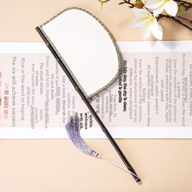 Lila bambusz kör alakú kézi fan hosszú nyéllel, kés alakú design Hanfu fotórekvizit, vintage stílus