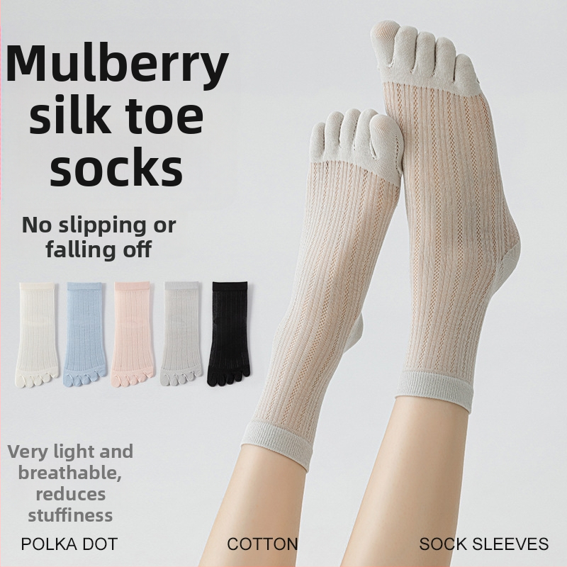 Női ötujjú zokni mulberry selyemből, vékony hálószemű, külön ujjak, egyszínű, antibakteriális, légáteresztő, a vádlit érő hosszúságú