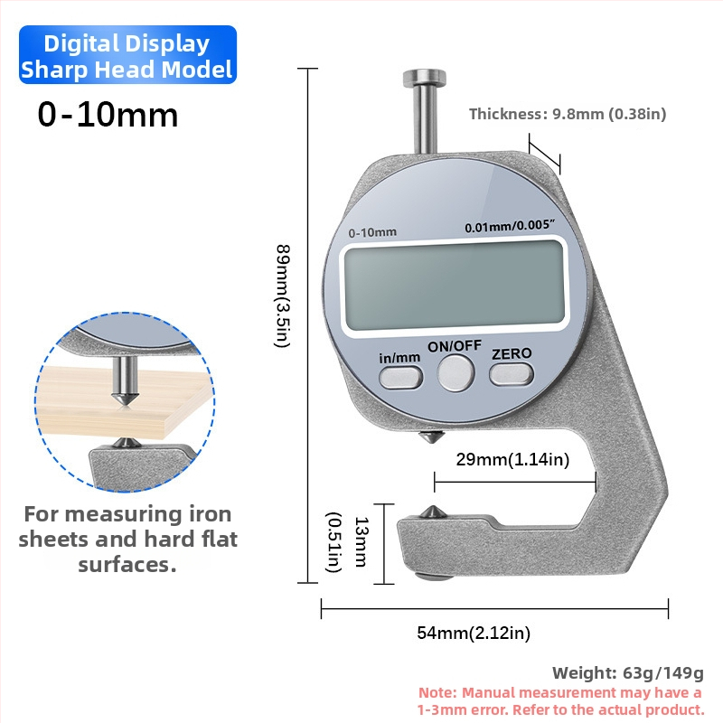 Record Work Digitális vastagságmérő 0–10 mm, zsebméteres vastagságmérő, digitális mérőeszköz a vastagság mérésére
